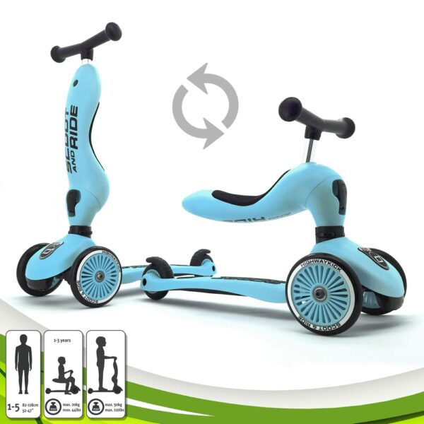 Scoot and Ride Highwaykick 1,Monopattino 3 Ruote Trasformabile 2 in 1, Blu - Blueberry