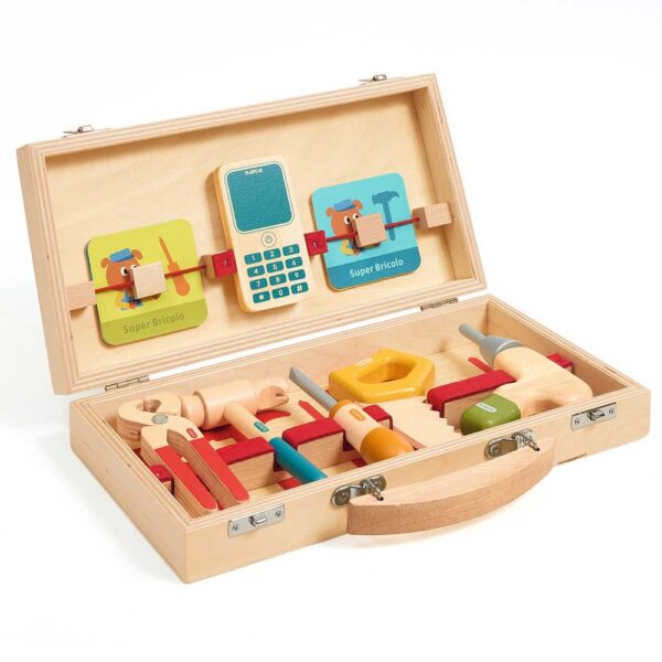 Djeco Super Bricolo - Cassetta degli Attrezzi in Legno con Strumenti e Carte per Bambini