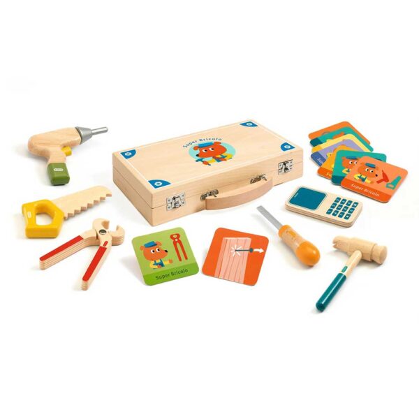 Djeco Super Bricolo - Cassetta degli Attrezzi in Legno con Strumenti e Carte per Bambini