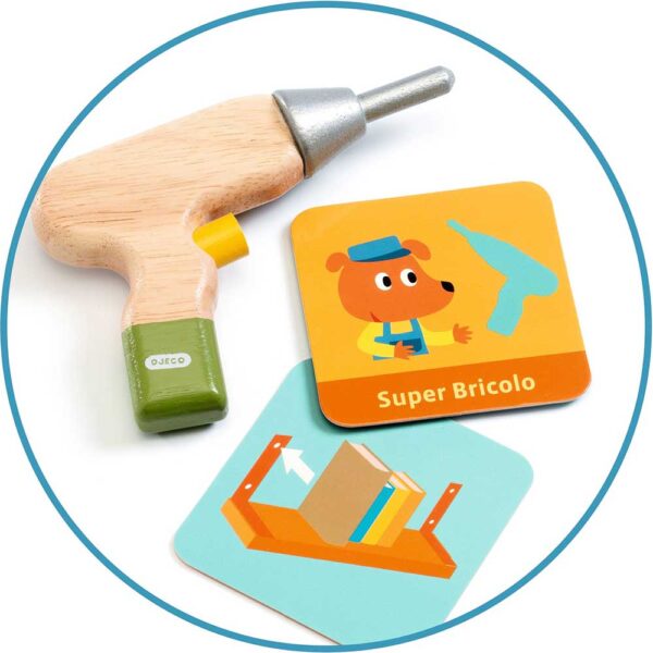 Djeco Super Bricolo - Cassetta degli Attrezzi in Legno con Strumenti e Carte per Bambini