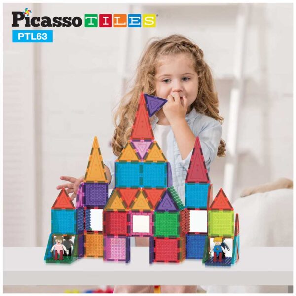 PicassoTiles Set di Costruzione Magnetico e Mattoncini 63 Pezzi - Gioco STEM per Bambini