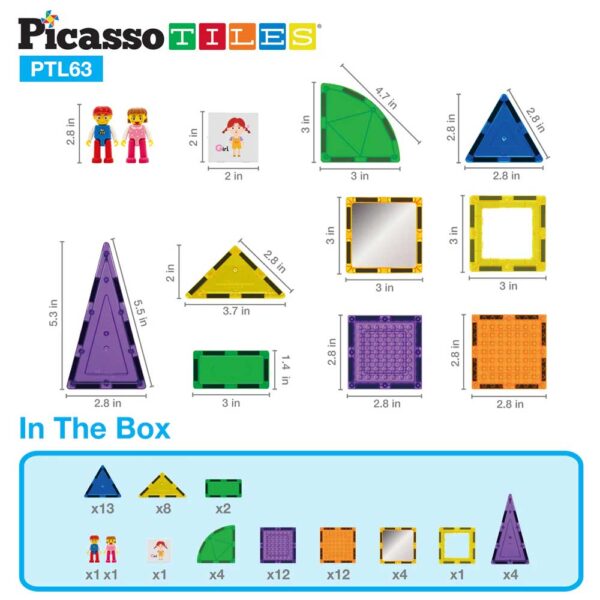 PicassoTiles Set di Costruzione Magnetico e Mattoncini 63 Pezzi - Gioco STEM per Bambini