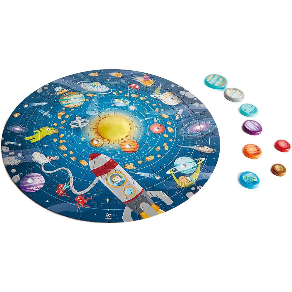Hape Puzzle 93 Pz Doppia Faccia, Diametro 600mm, Sistema Solare E Led Funzionante