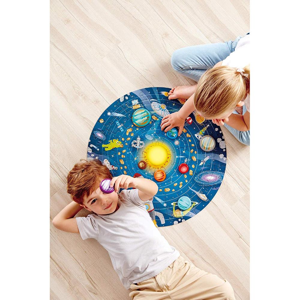 Hape Puzzle 93 Pz Doppia Faccia, Diametro 600mm, Sistema Solare E Led Funzionante