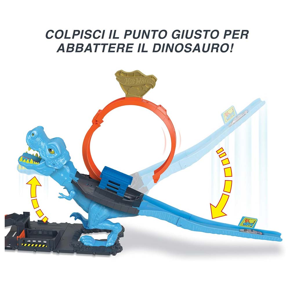 Hot Wheels City, Pista Playset, T-Rex Attacco Sferzante