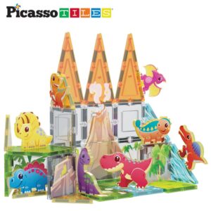 PicassoTiles Costruzione Magnetica 36 Pezzi, Set Avventura Dino World - Gioco STEM per Bambini