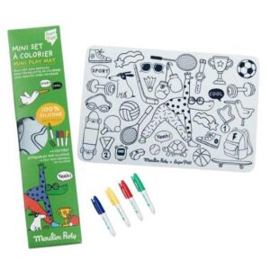 Moulin Roty, Mini Tovaglie da colorare cancellabile + 4 pennarelli, Les Loufoques