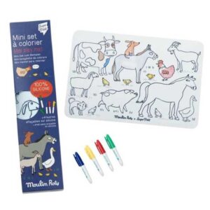 Moulin Roty, Mini Tovaglie da colorare cancellabile + 4 pennarelli, Aujourd'hui c'est Mercredi