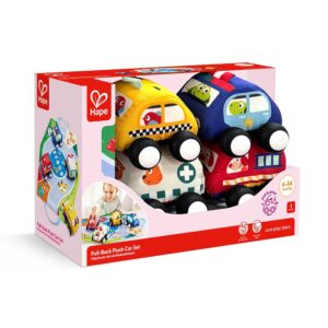Hape Set 4 Auto di Peluche con Meccanismo Pull-Back e Tappeto Gioco
