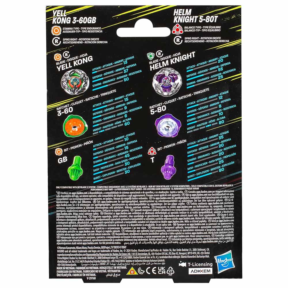 Hasbro Beyblade X Top Dual, Solo Trottola, Yell Kong 3-60GB And Helm Knight 5-80T