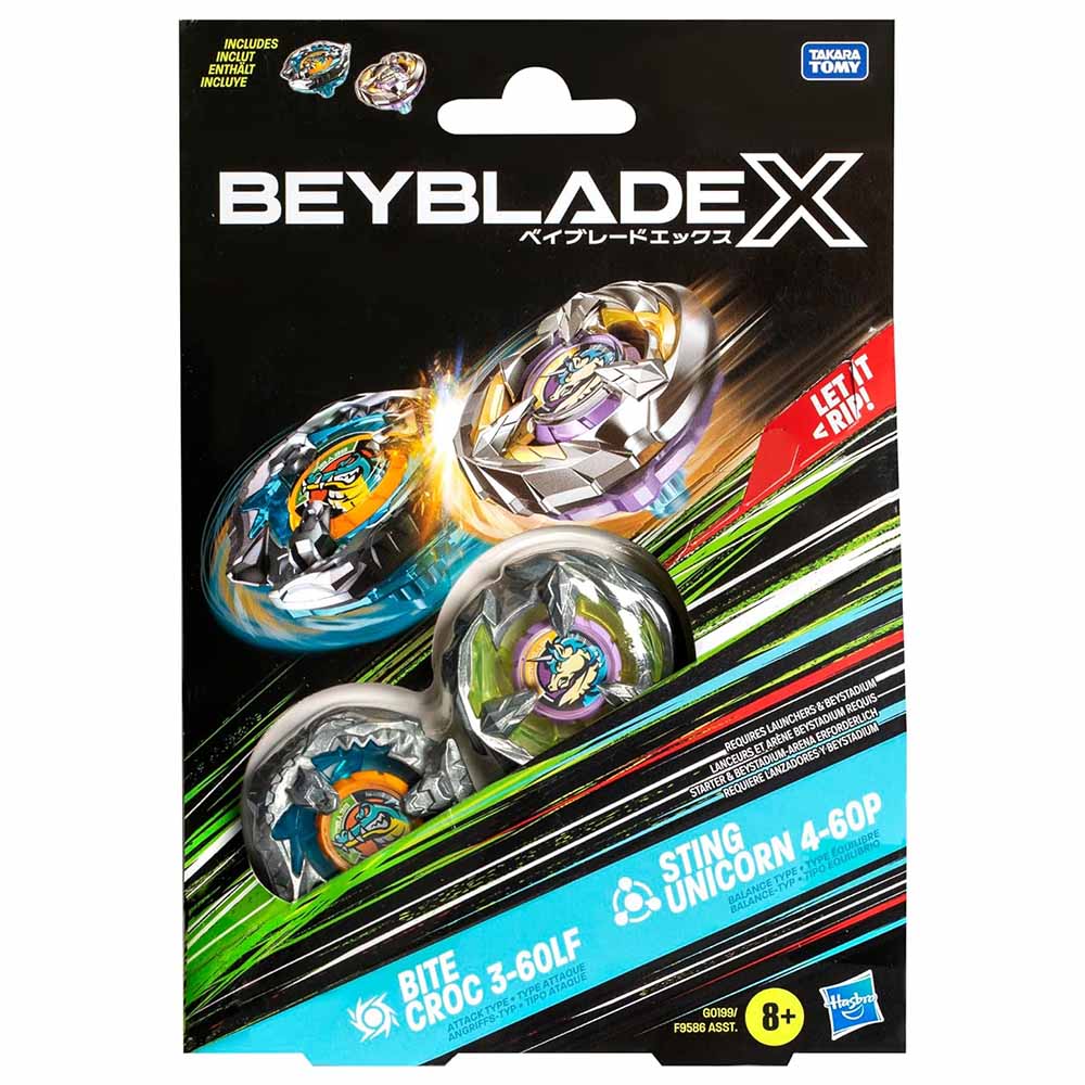 Hasbro Beyblade X Top Dual, Solo Trottola, Bite Croc 3-60LF And Sting Unicorn 4-60P