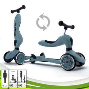 Scoot and Ride Highwaykick 1,Monopattino 3 Ruote Trasformabile 2 in 1, Steel Blu Metal