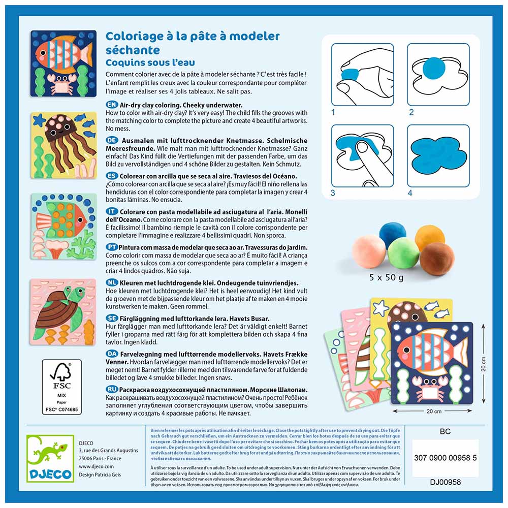 Djeco Kit Creativo Monelli dell’Oceano Colorare con Pasta Modellabile ad Asciugatura all’Aria