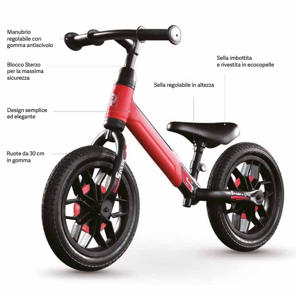 Qplay Balance Bike Tg12 Spark Red Con Luci Led, 3-6 Anni 30Kg