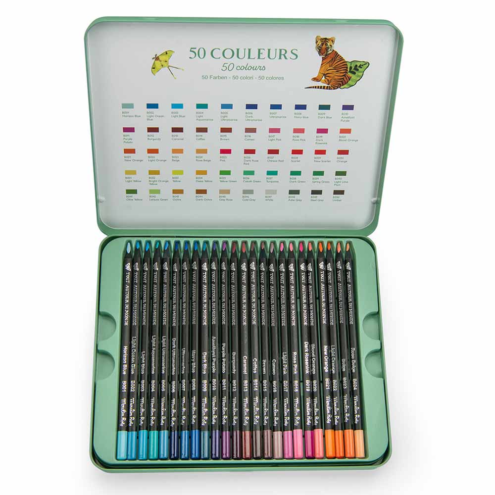 Moulin Roty, Scatola In Metallo 50 Matite Pastello Tout Autour Du Monde