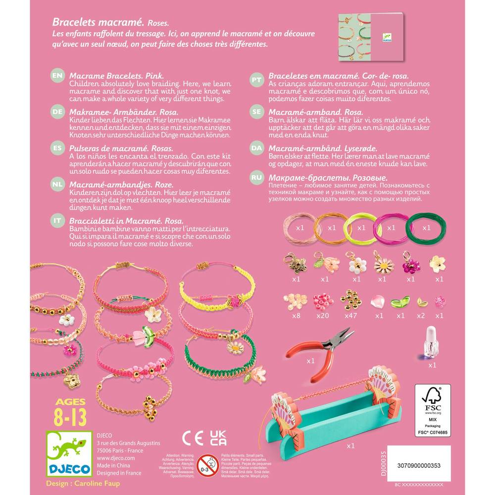 Djeco Kit Braccialetti in Macramè Rosa con Perline e Charm