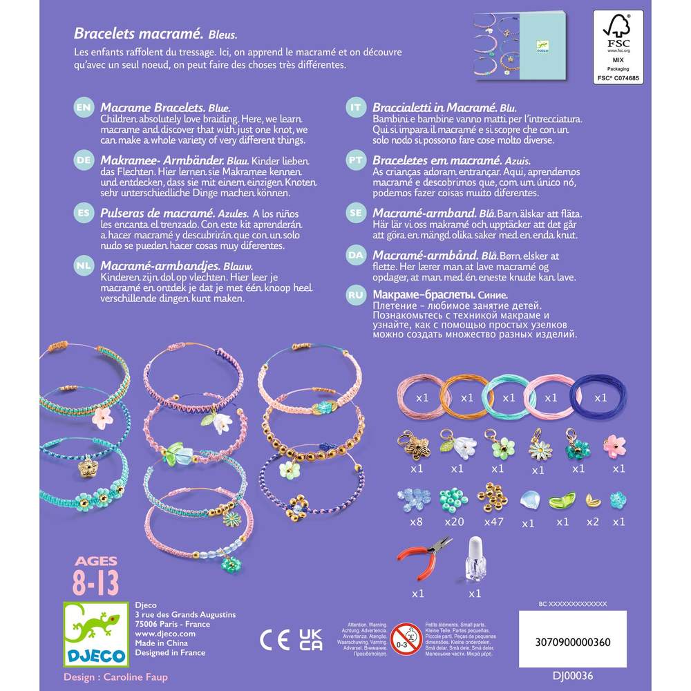 Djeco Kit Braccialetti in Macramè Blu con Perline e Charm