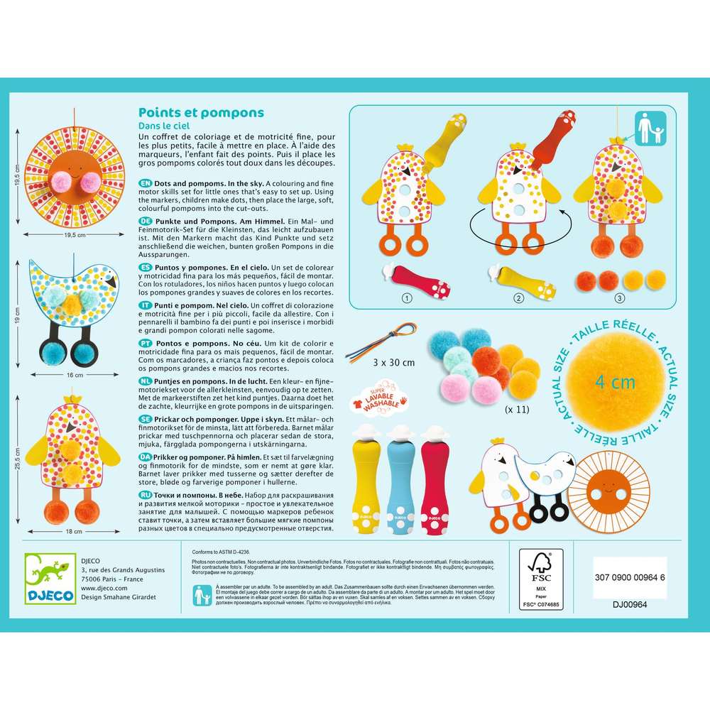 Djeco Punti e Pompom Nel Cielo Primo Kit Creativo 18 mesi