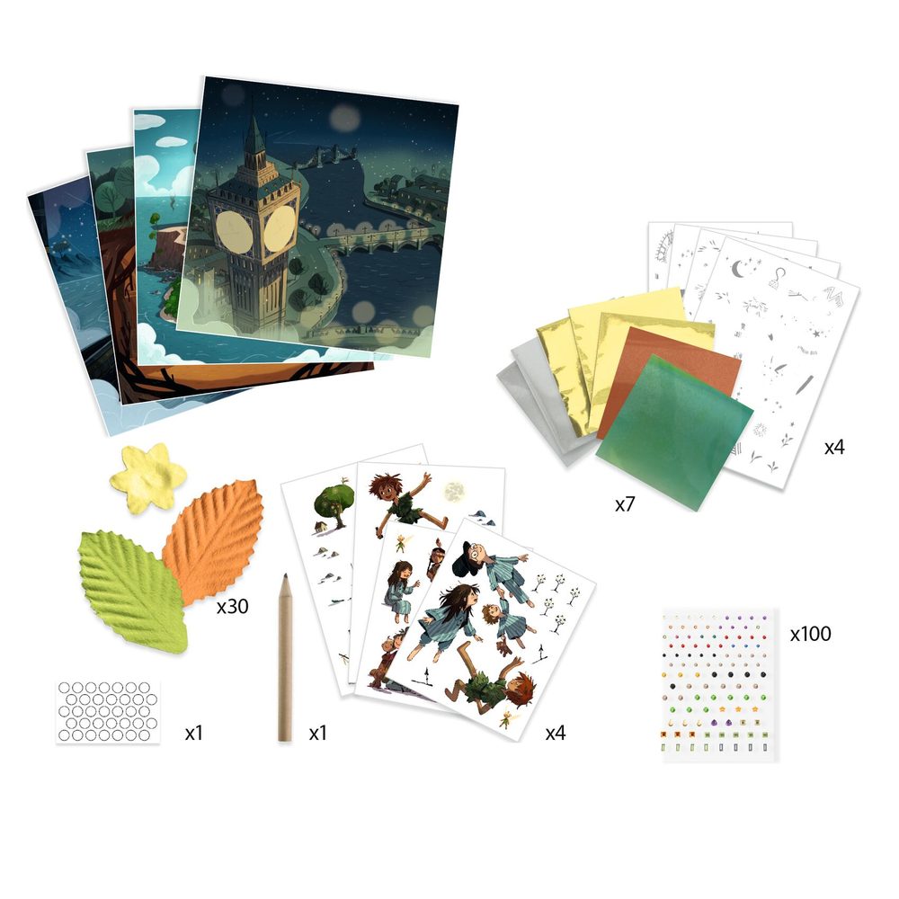 Djeco Kit Creativo Peter Pan 4 Attività Decalcomanie e Strass