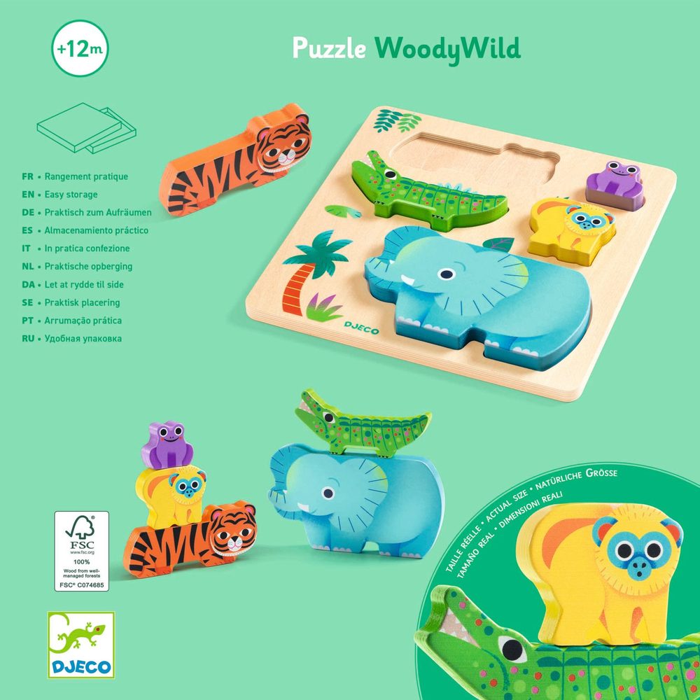 Djeco Puzzle in Legno WoodyWild Animali Selvaggi 5 Pezzi