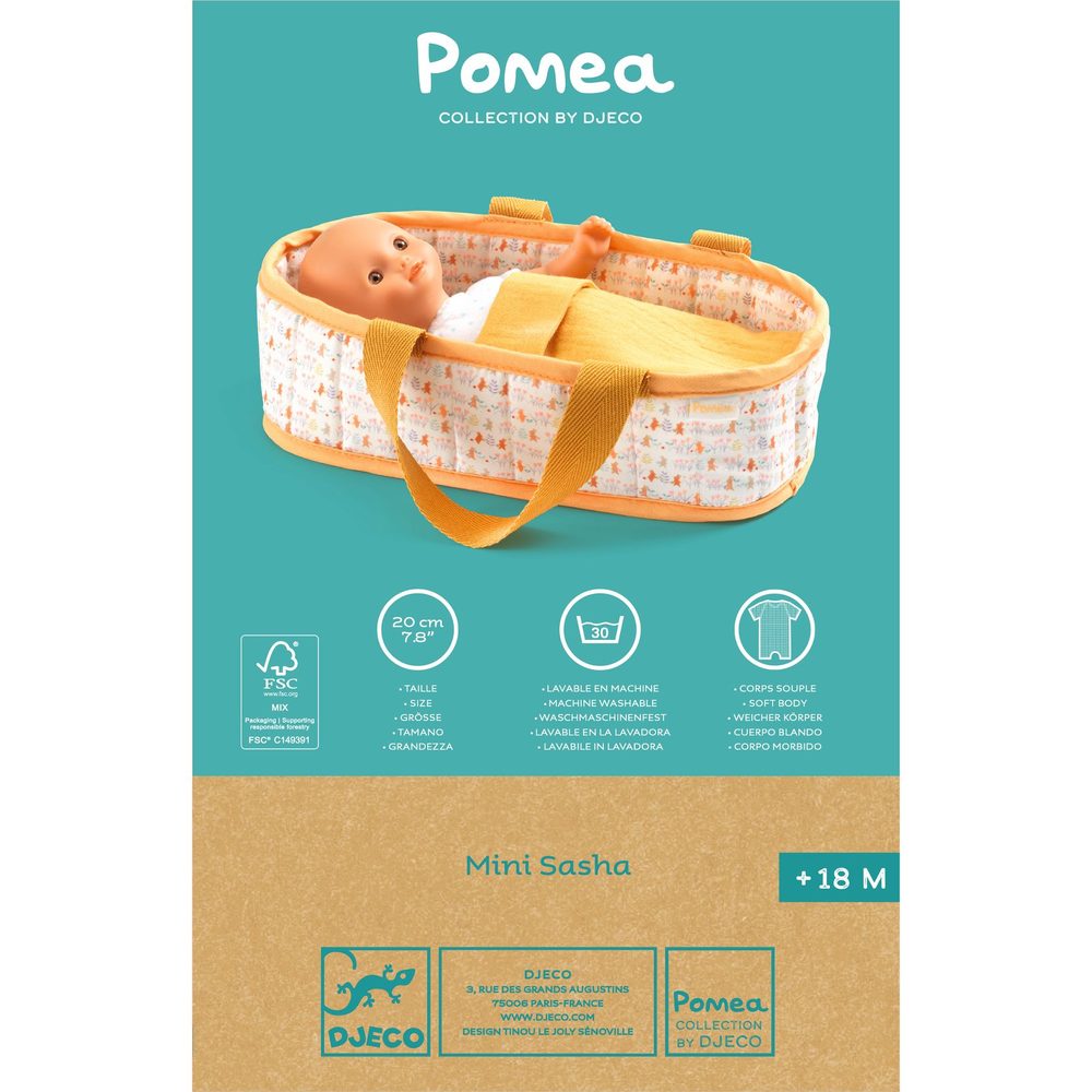 Djeco Bambolotto Mini Sasha 20 cm con Culla Trapuntata